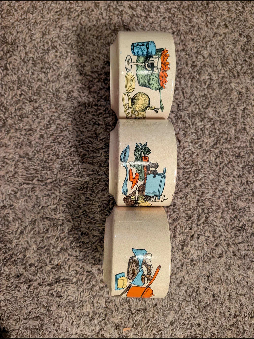 Set of 3 Vintage Ceramic Mugs 1970's Beige Multicolor Kitchen Food